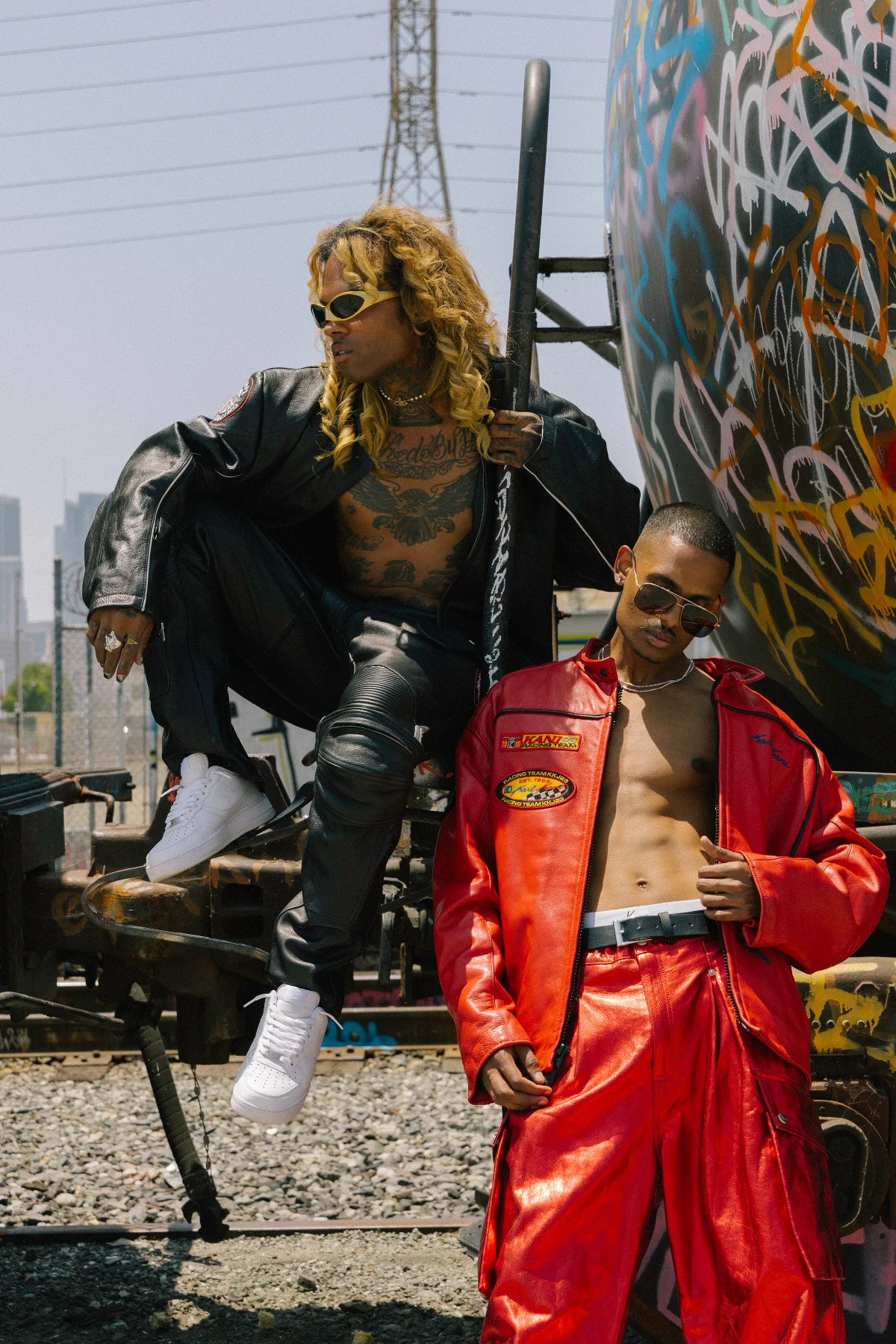 Karl Kani archive jackets — red ARC and black CENTER leather jackets, Los Angeles
